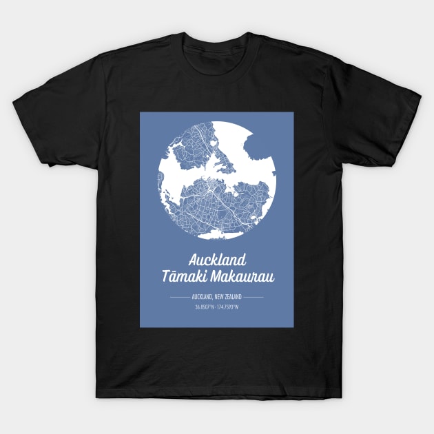 City map in blue: Auckland Tamaki Makaurau, New Zealand with retro vintage flair T-Shirt by AtlasMirabilis